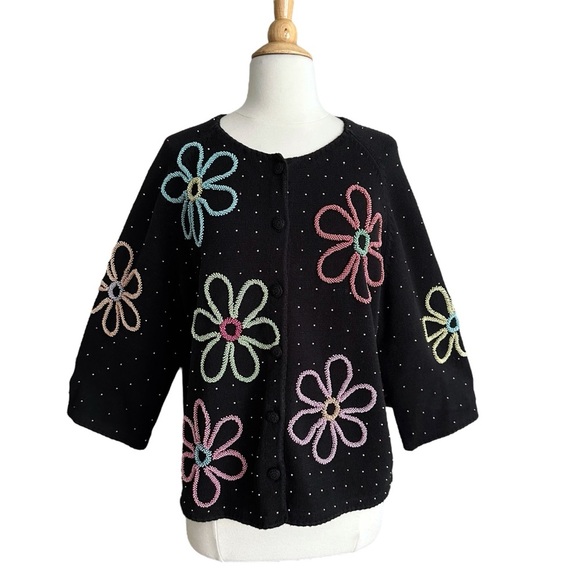 MICHAEL SIMON Beaded Flower Cardigan Black Y2K Retro Whimsical Collectible Sz 1X - Picture 11 of 17
